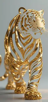 Golden artistic tiger sculpture on wallpaper.