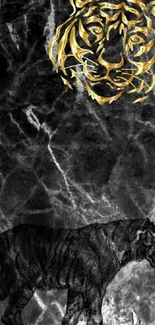 Golden tiger art on dark marble background with luxurious texture.