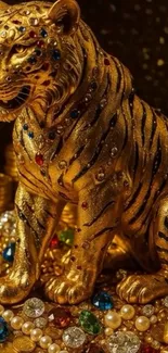 Golden tiger statue with jewels on a bed of treasures.
