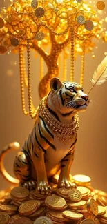 Golden tiger statue with a money tree and coins.