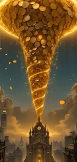 Golden coin tornado over a cityscape.