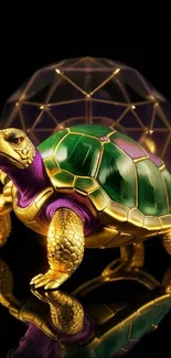 Golden tortoise with green and purple accents on a dark background.