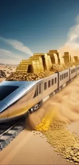 Futuristic train carrying gold through a desert landscape with a clear blue sky.