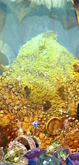A cavern filled with gold coins and illuminated by torches.