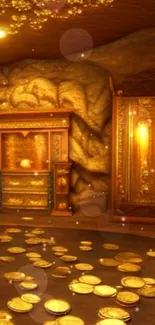 Golden treasure cave with coins and luxurious decor.