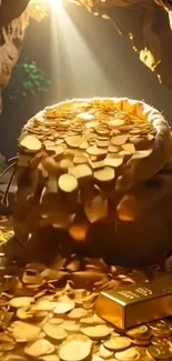 Sack of gold coins spilling in cave.