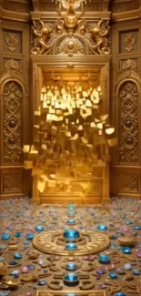 Golden chamber with gemstones and ornate design.