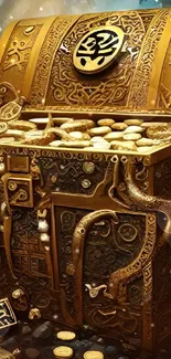 Golden treasure chest with coins, ocean theme.