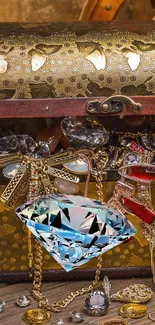 Golden treasure chest with jewels on wooden surface.