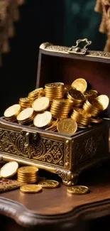 A richly decorated treasure chest overflowing with gold coins.