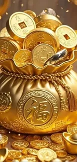 Golden coins in a decorative bag on a mobile wallpaper