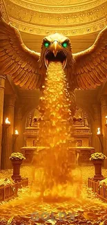Majestic eagle statue with treasure in a golden chamber.