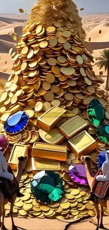 Golden treasure pile in desert with camels and jewels.