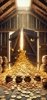 Golden coins overflowing in a wooden barn.