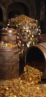 Golden coins overflowing from wooden barrels in a treasure room.
