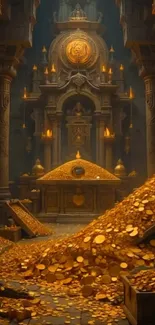 Golden treasure-filled temple with ancient columns and piles of coins.