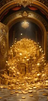 Pile of glimmering gold coins in an ornate vault.