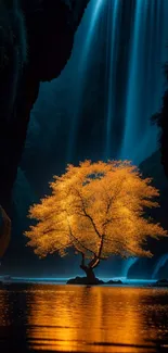 Glowing tree against a waterfall backdrop at night.