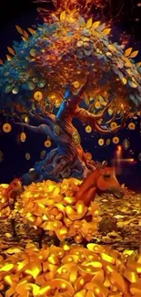 Fantasy wallpaper with a golden tree and horses made of leaves.