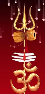 Golden trishul with Om symbol on red mobile wallpaper.