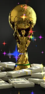 Golden trophy with cash background, shimmering with stars.