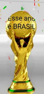 Golden World Cup trophy with festive confetti.