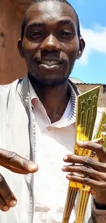 Person holding a golden trophy with blue sky in the background wallpaper.