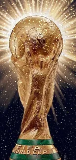Golden trophy with radiant light backdrop on mobile wallpaper.