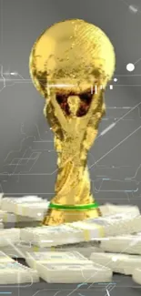 Golden trophy with futuristic overlay and money stacks on a gray background.