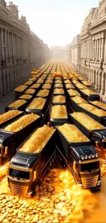 Trucks filled with gold parade through a grand city street.