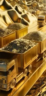 Golden trucks filled with coins on road