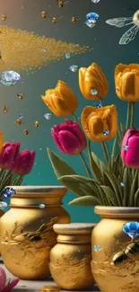 Golden vases with tulips and bees against a colorful backdrop.