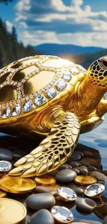 Golden jeweled turtle with coins in a serene nature setting.