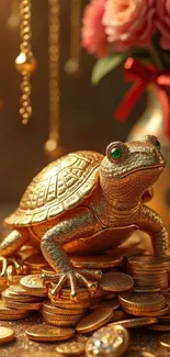 Golden turtle on coins with flowers in background.