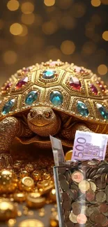 Luxurious gold turtle with jewels surrounded by coins.