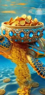 Golden turtle with jewels and coins underwater.