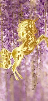 Golden unicorn against violet floral backdrop.