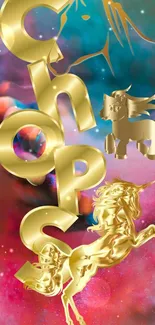 Golden unicorns and letters in a colorful cosmic backdrop.