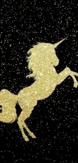 Shimmering golden unicorn on black background mobile wallpaper.