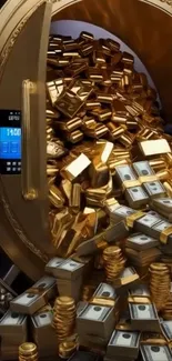 Vault overflowing with gold bars and dollar bills.