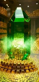 Emerald amidst gold bars and coins with a glowing effect.