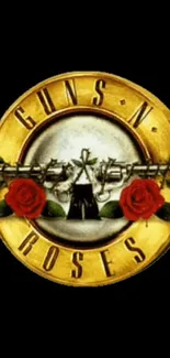 Guns N' Roses iconic logo with roses and bullets on black background.