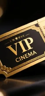 Golden VIP cinema ticket on dark background.