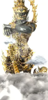 Golden armored warrior emerging through mystical clouds in a fantasy setting.