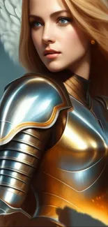 Golden-armored warrior angel in fantasy art wallpaper.