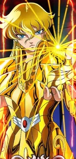 Anime warrior in golden armor with dynamic pose and glowing effect.