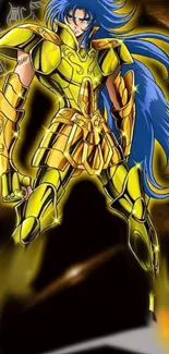 Golden-armored anime warrior with blue hair on a mobile wallpaper.