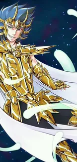 Anime warrior in golden armor with dynamic background.