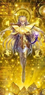 Anime golden warrior with shimmering armor and mystical background.