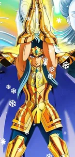 Golden warrior anime wallpaper with snowflakes and mystical design.